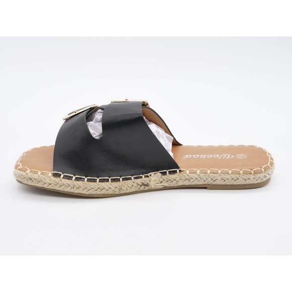 Weeboo Sandals Womens 6.5 Black Faux Leather Flat Espadrille Slides Adjustable - Picture 5 of 10